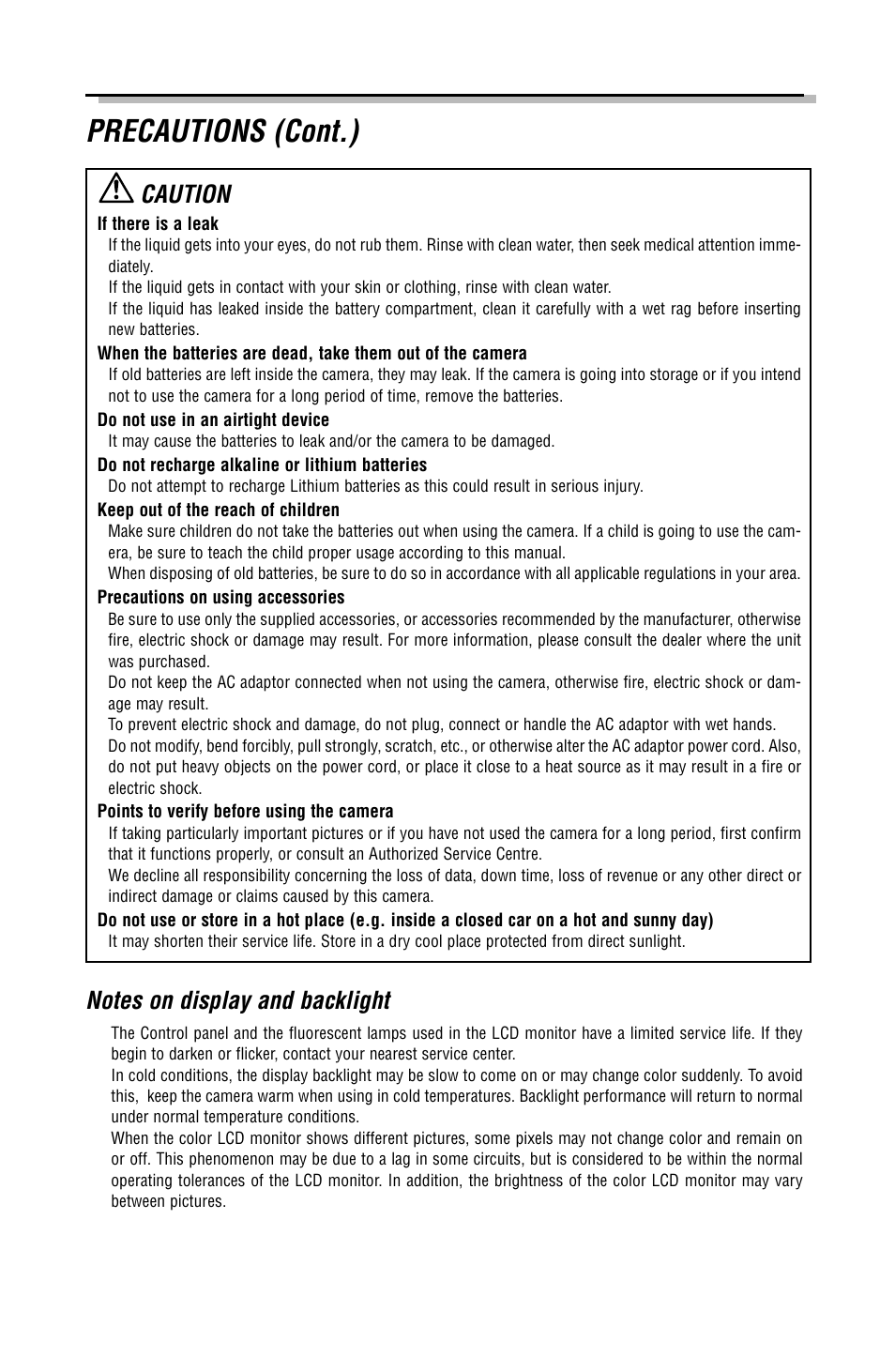 Precautions (cont.), Caution | Olympus C-2040ZOOM User Manual | Page 4 / 148