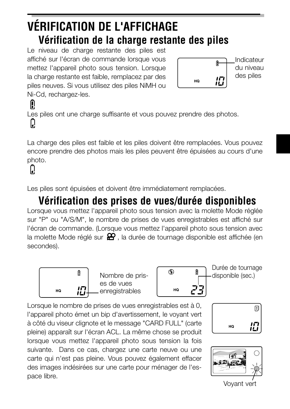 53 vérification de l'affichage, Vérification de la charge restante des piles, Vérification des prises de vues/durée disponibles | Olympus C-2040ZOOM User Manual | Page 53 / 148