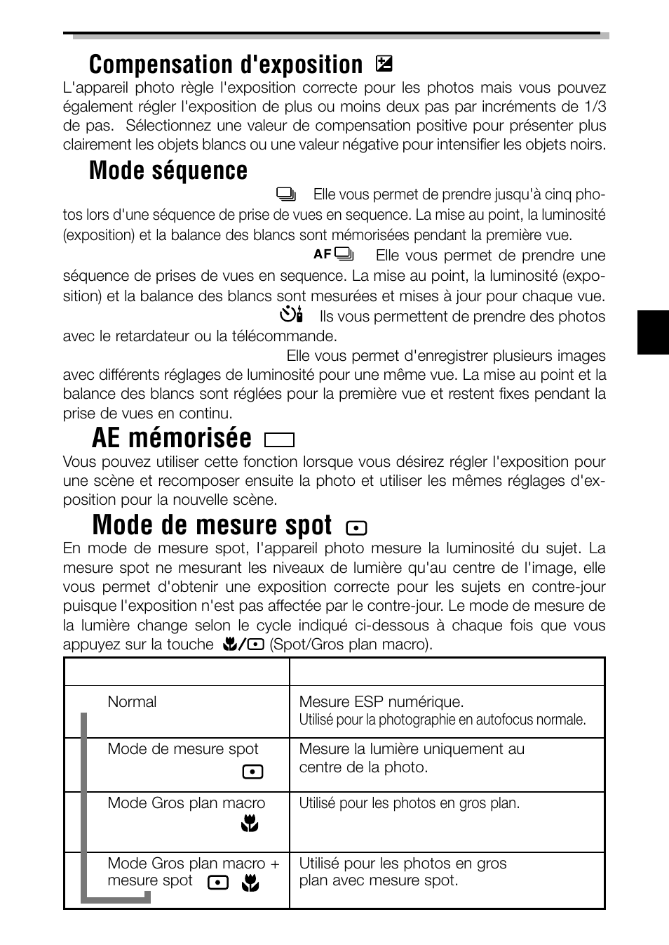 Ae mémorisée, Mode de mesure spot, Compensation d'exposition | Mode séquence | Olympus C-2040ZOOM User Manual | Page 59 / 148