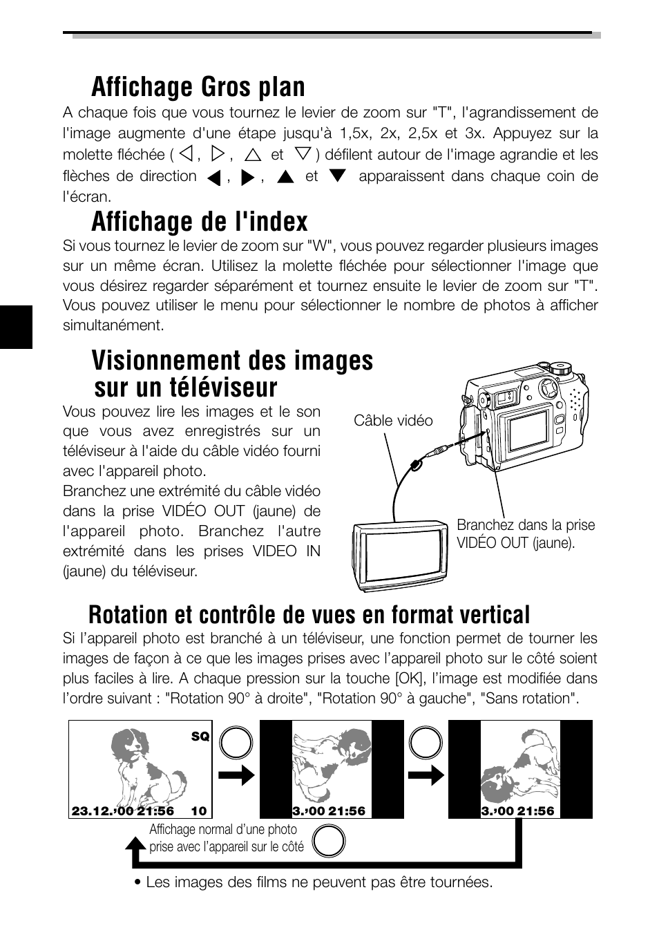 Visionnement des images sur un téléviseur, Affichage gros plan, Affichage de l'index | Rotation et contrôle de vues en format vertical, Fonctions ecran | Olympus C-2040ZOOM User Manual | Page 60 / 148