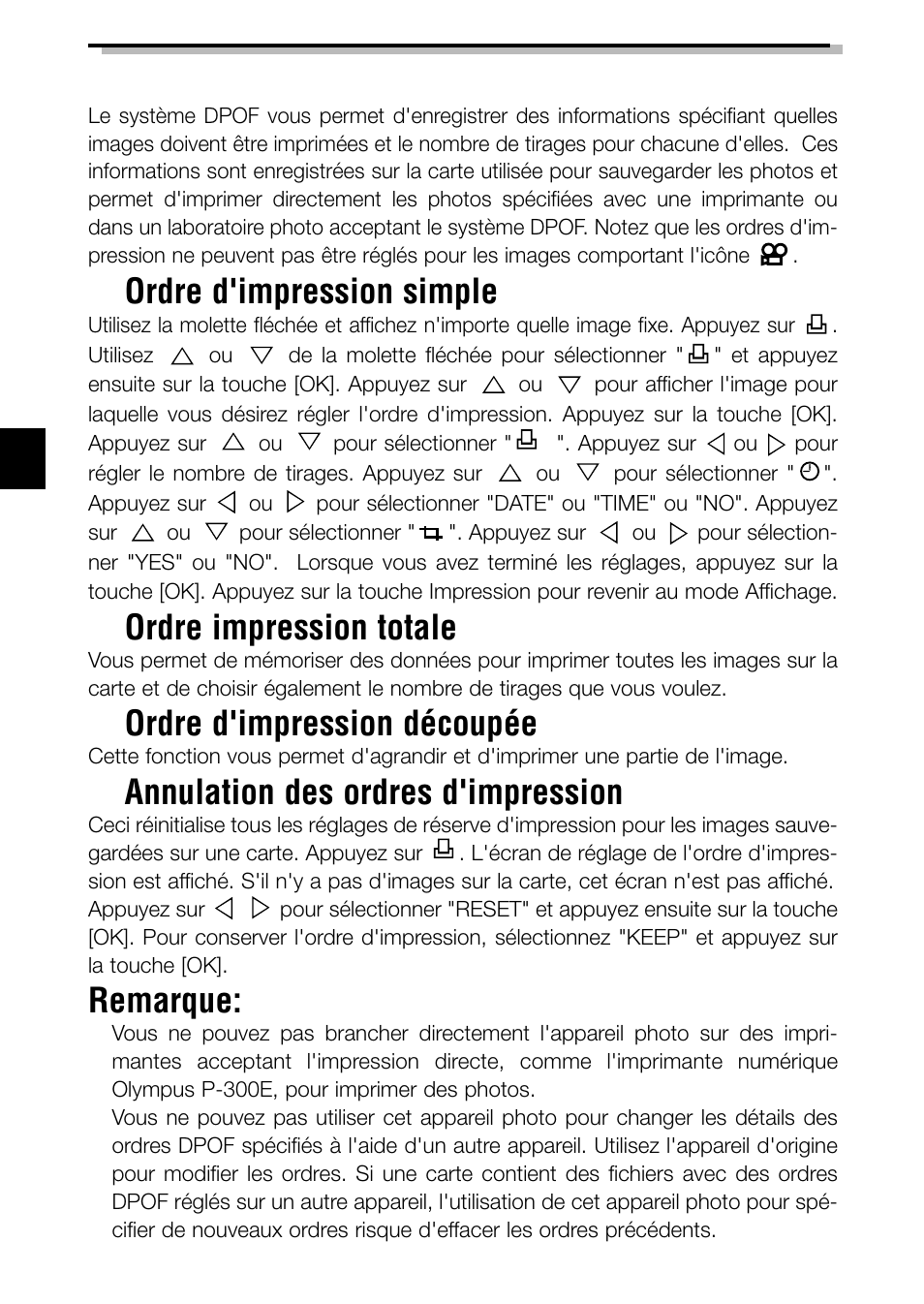 Impression des images, Ordre d'impression simple, Ordre impression totale | Ordre d'impression découpée, Annulation des ordres d'impression, Remarque | Olympus C-2040ZOOM User Manual | Page 68 / 148