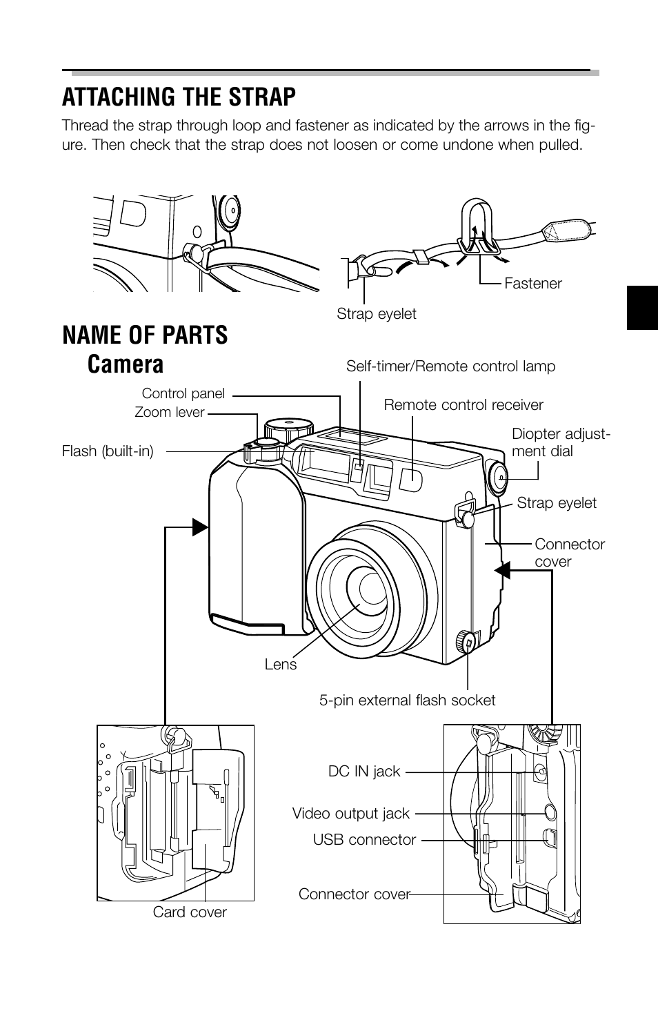 Attaching the strap, Name of parts ■ camera | Olympus C-2040ZOOM User Manual | Page 7 / 148