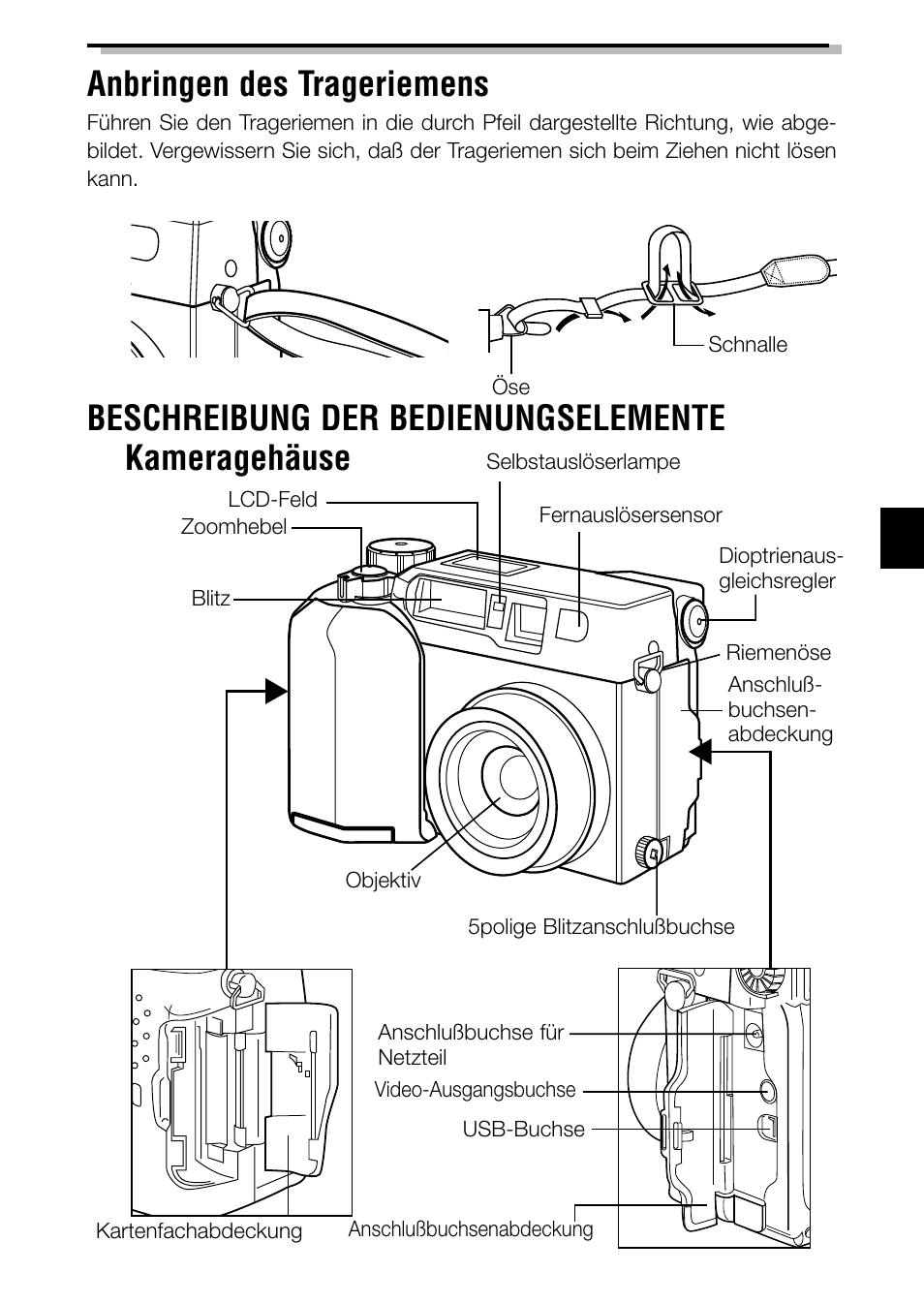 Anbringen des trageriemens, Beschreibung der bedienungselemente, Kameragehäuse | Olympus C-2040ZOOM User Manual | Page 79 / 148