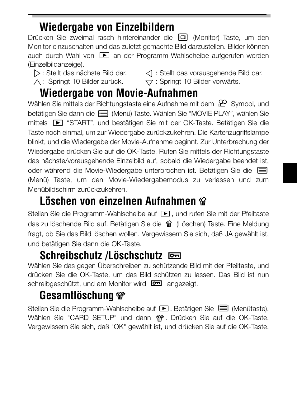 Wiedergabe von einzelbildern, Wiedergabe von movie-aufnahmen, Löschen von einzelnen aufnahmen | Schreibschutz /löschschutz, Gesamtlöschung | Olympus C-2040ZOOM User Manual | Page 93 / 148