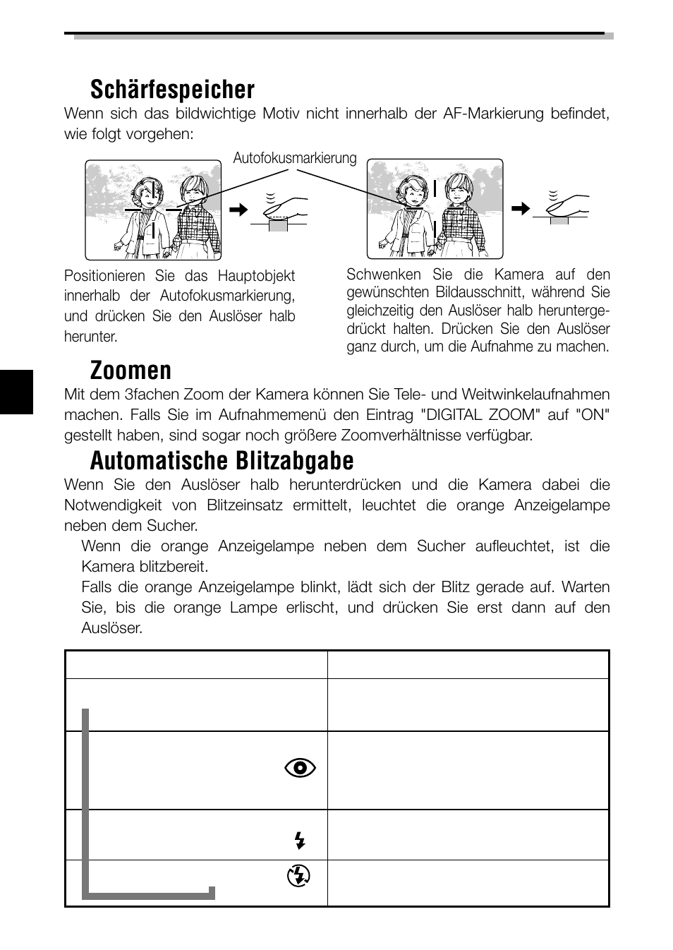Aufnahmefunktionen ■ schärfespeicher, Zoomen, Automatische blitzabgabe | Olympus C-2040ZOOM User Manual | Page 94 / 148