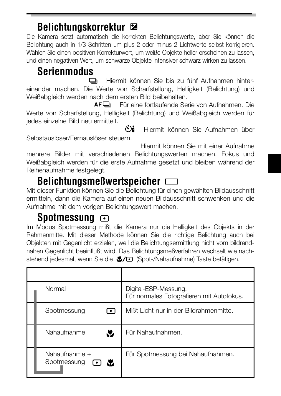 Belichtungskorrektur, Serienmodus, Belichtungsmeßwertspeicher | Spotmessung | Olympus C-2040ZOOM User Manual | Page 95 / 148