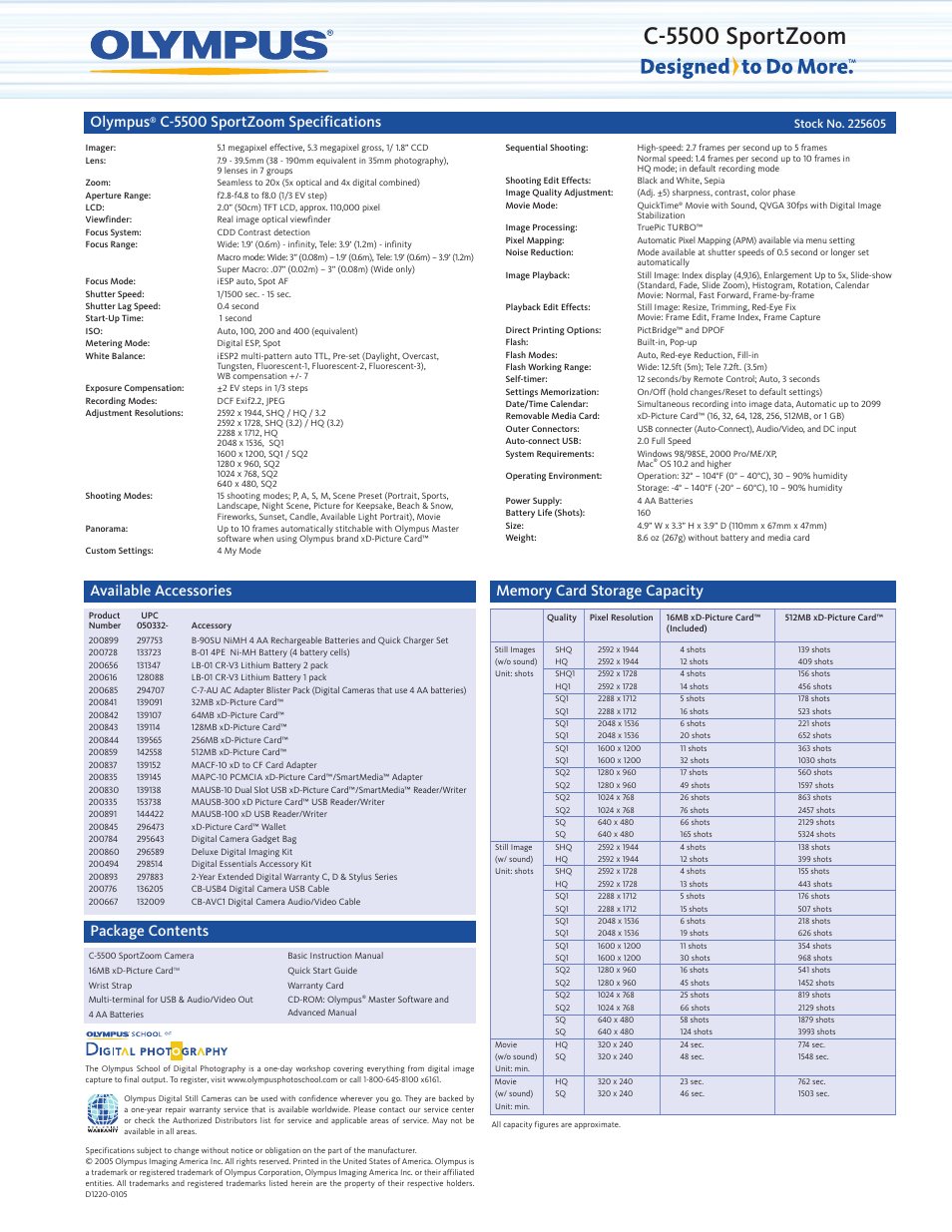 C-5500 sportzoom, Olympus, C-5500 sportzoom specifications | Available accessories, Package contents | Olympus C-5500 User Manual | Page 2 / 2