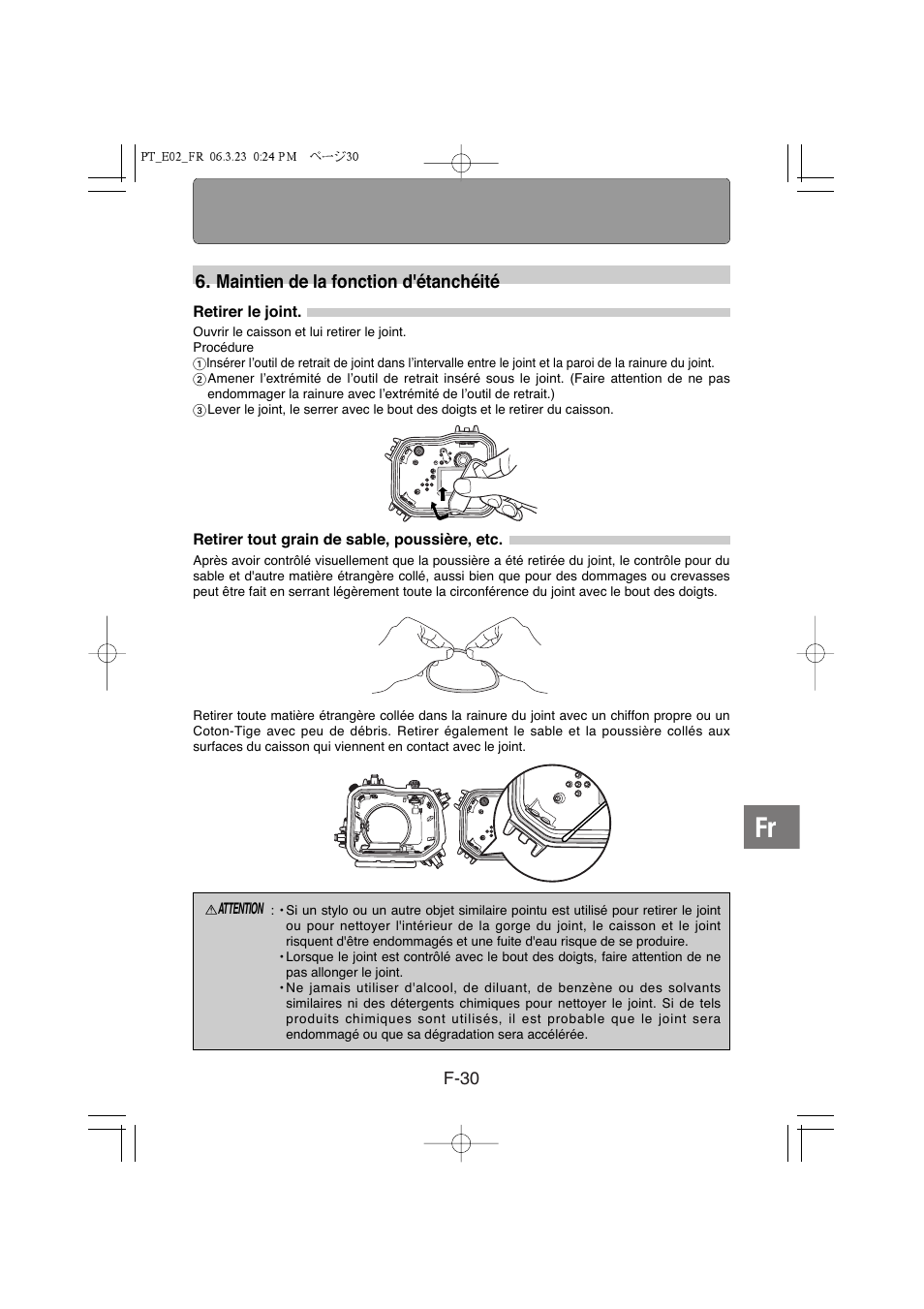 Maintien de la fonction d'étanchéité | Olympus PT-E02 User Manual | Page 111 / 284