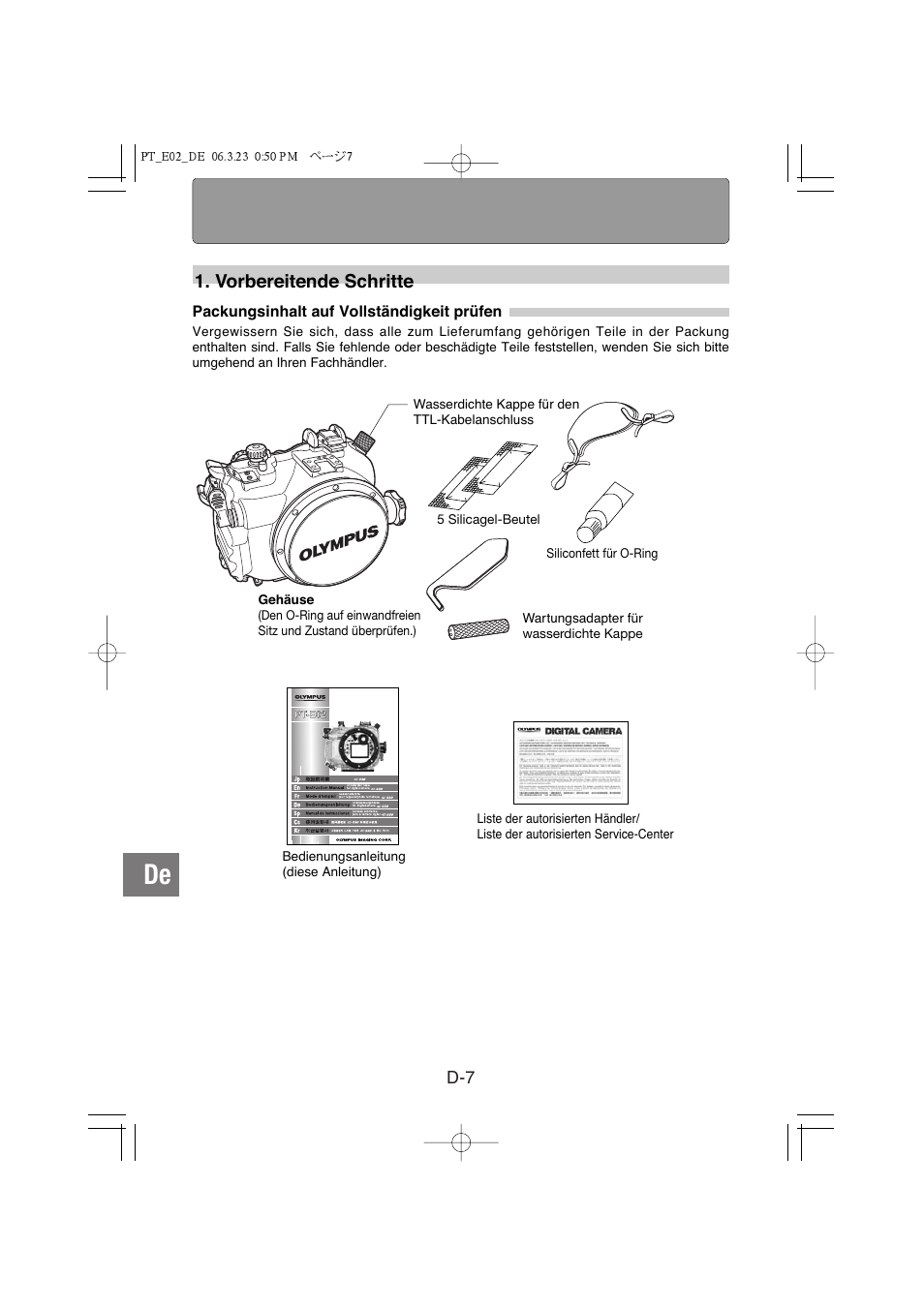 Vorbereitende schritte, Packungsinhalt auf vollständigkeit prüfen | Olympus PT-E02 User Manual | Page 128 / 284