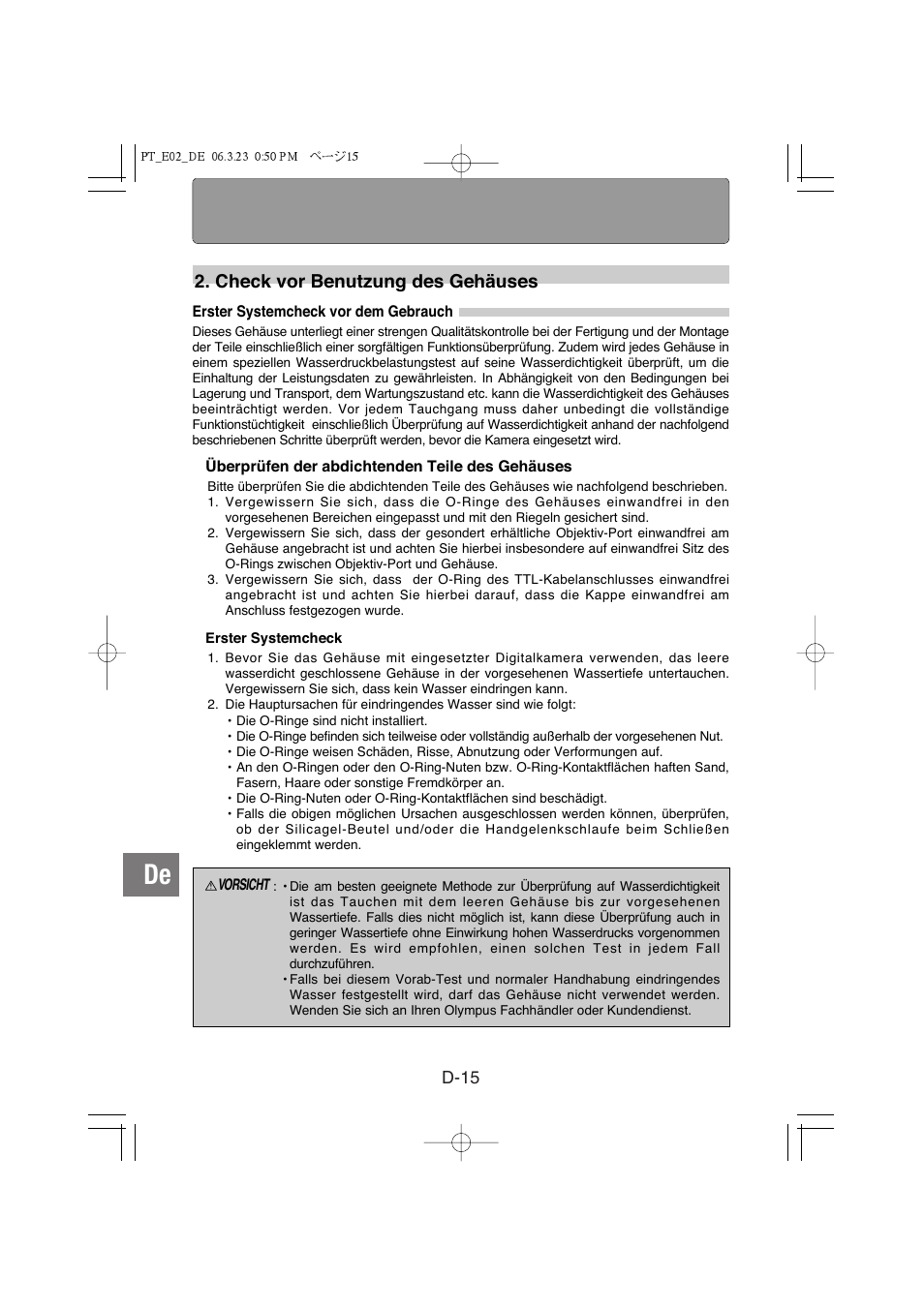 Check vor benutzung des gehäuses, D-15 | Olympus PT-E02 User Manual | Page 136 / 284