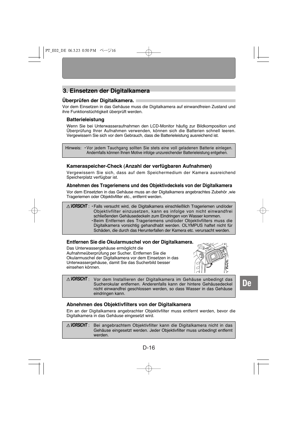 Einsetzen der digitalkamera | Olympus PT-E02 User Manual | Page 137 / 284