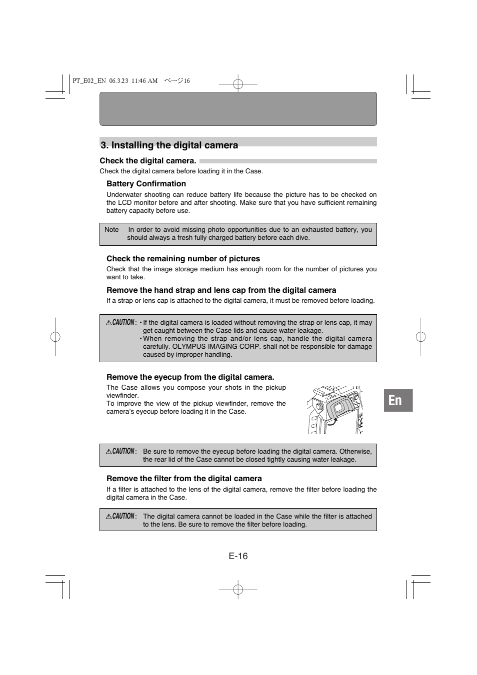 Installing the digital camera | Olympus PT-E02 User Manual | Page 57 / 284