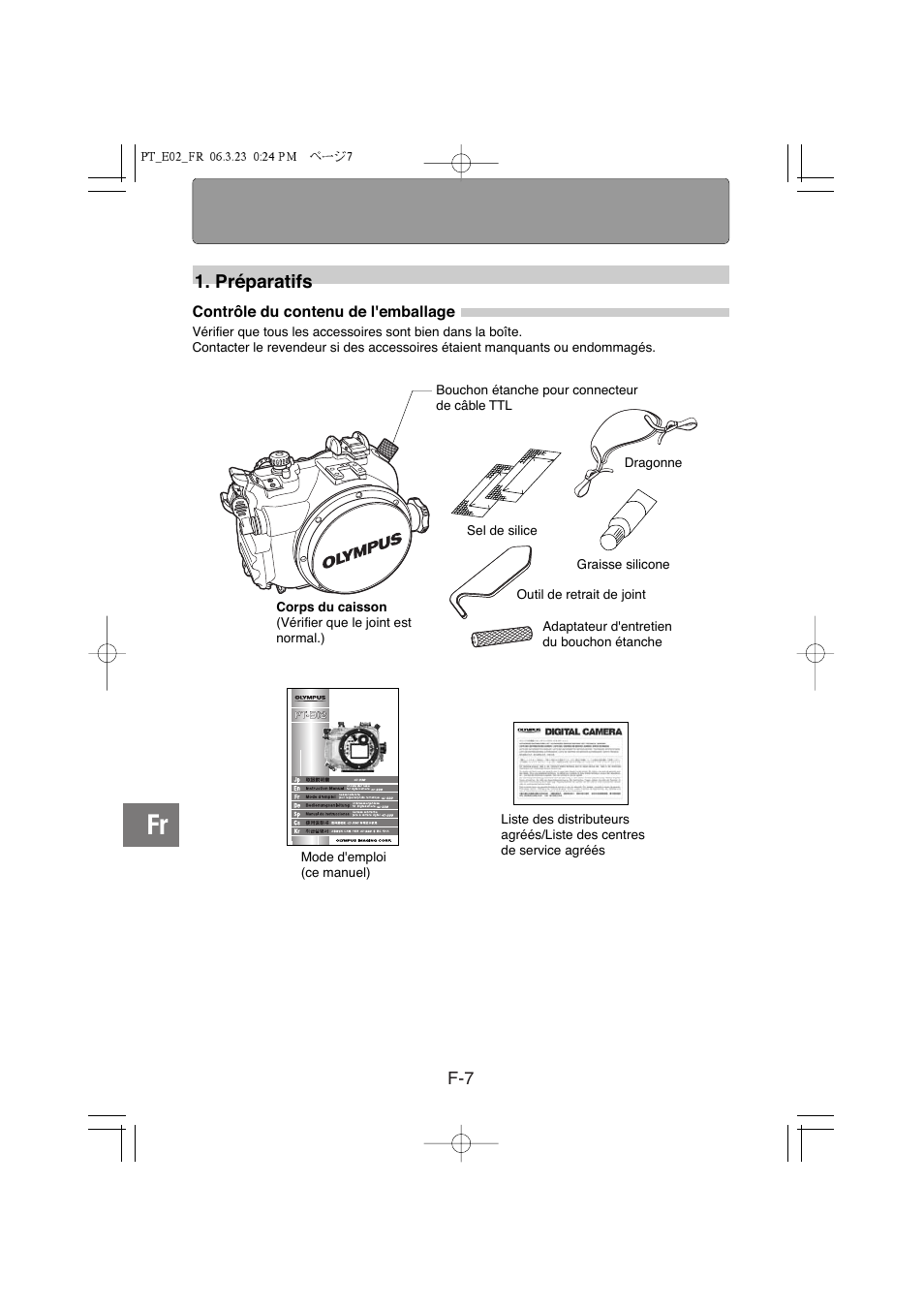 Préparatifs, Contrôle du contenu de l'emballage | Olympus PT-E02 User Manual | Page 88 / 284