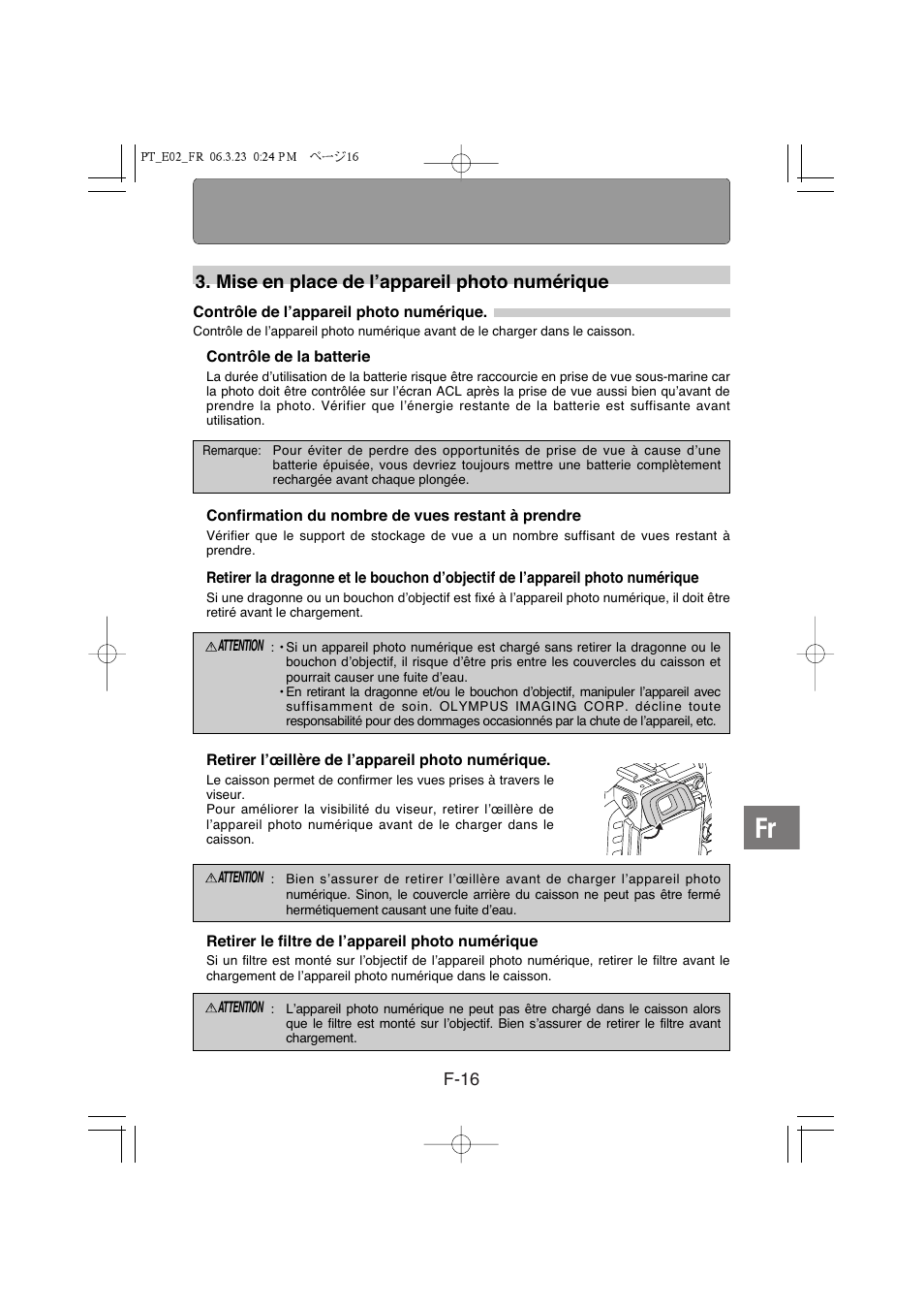 Mise en place de l’appareil photo numérique | Olympus PT-E02 User Manual | Page 97 / 284