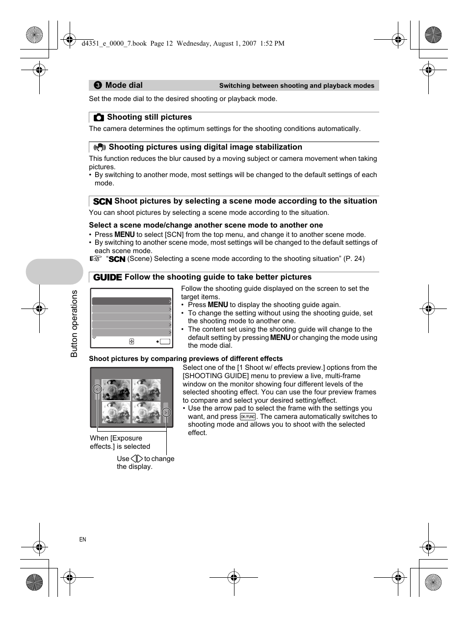 Switching between shooting and playback modes, Shooting still pictures, Follow the shooting guide to take better pictures | Button operations, Mode dial | Olympus 1200 User Manual | Page 12 / 84