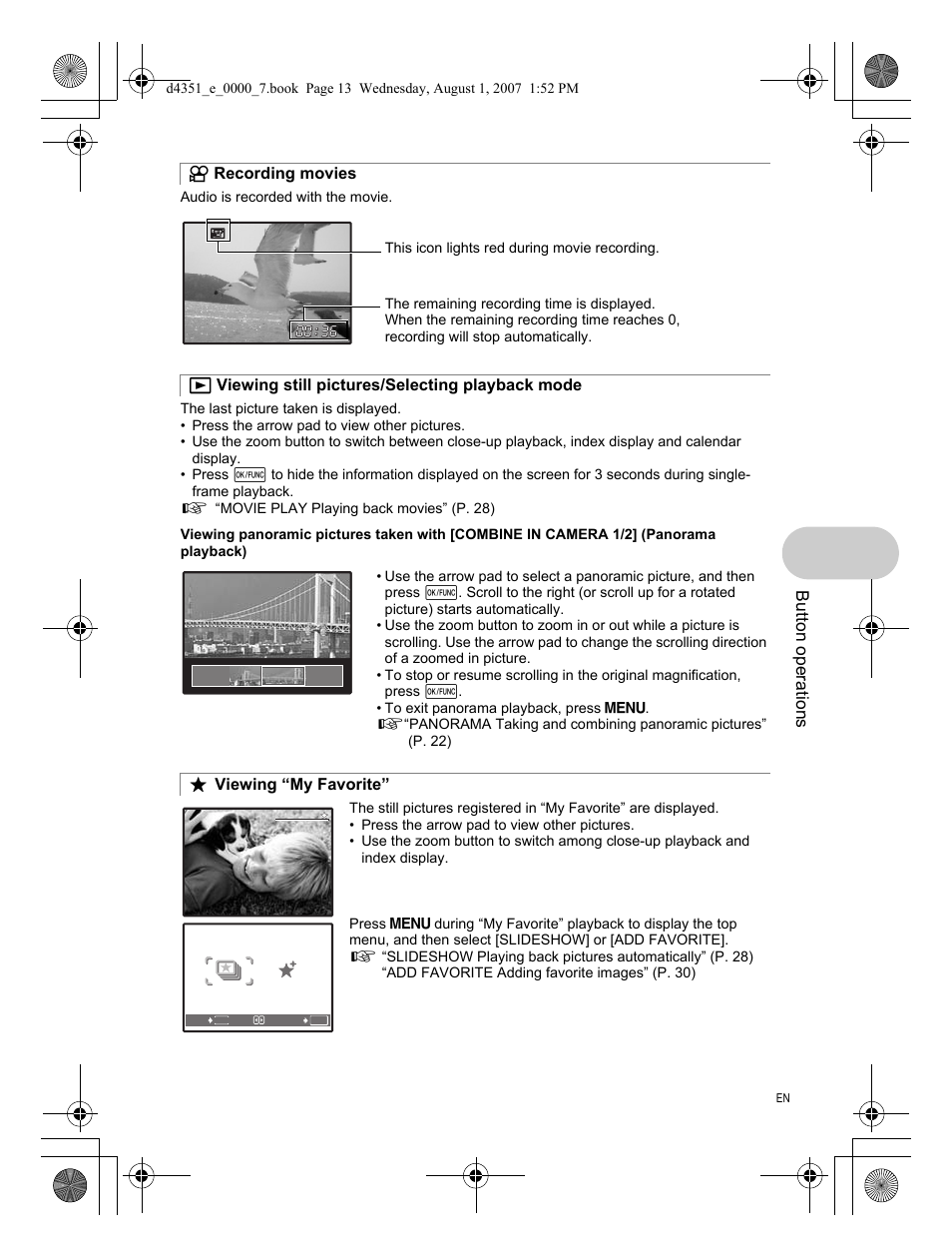 Recording movies, Viewing still pictures/selecting playback mode, Viewing “my favorite | Button operati o ns | Olympus 1200 User Manual | Page 13 / 84