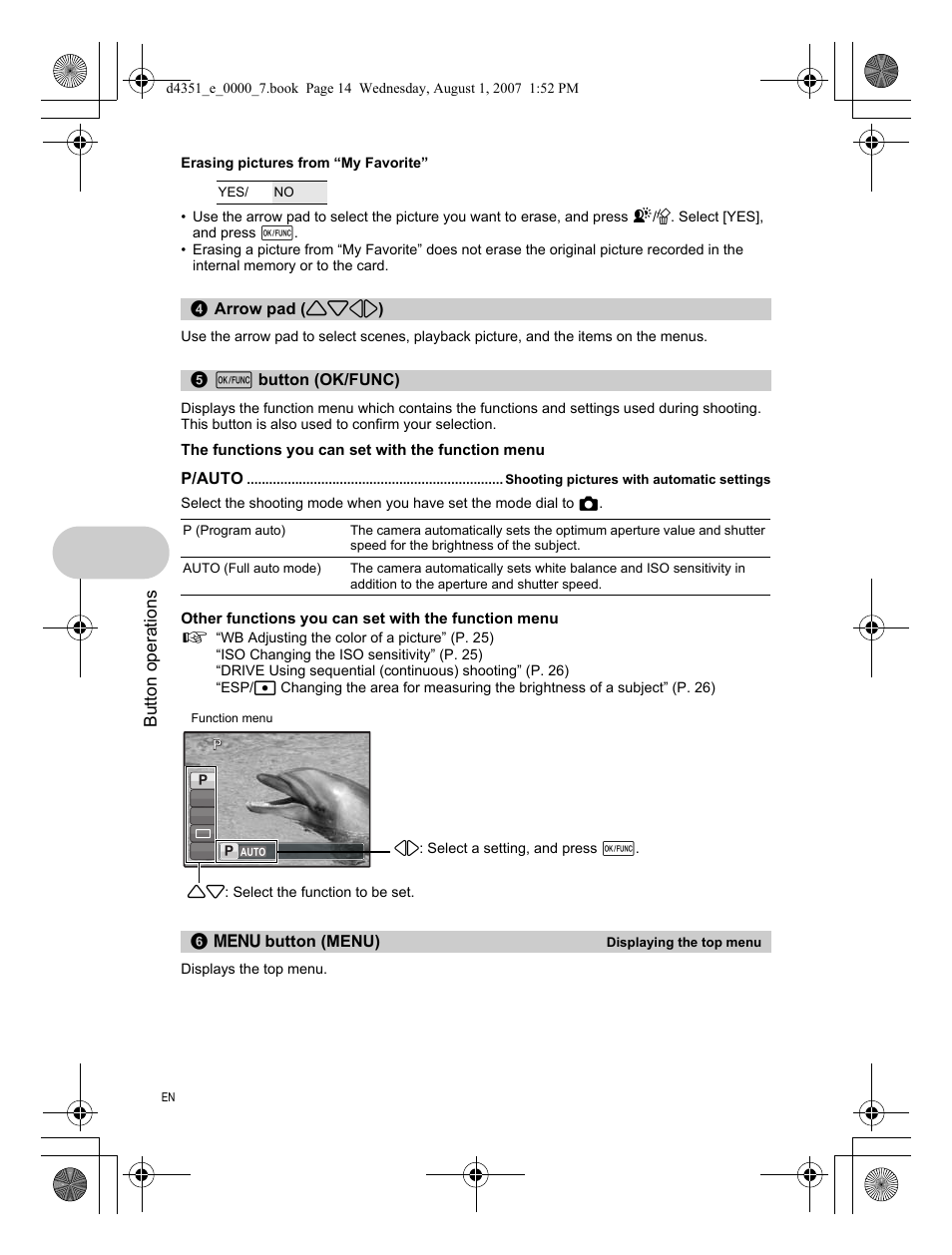 Arrow pad, Button (ok/func), Shooting pictures with automatic settings | Displaying the top menu, Button operations | Olympus 1200 User Manual | Page 14 / 84