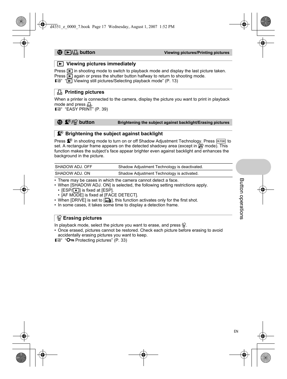 Viewing pictures/printing pictures, Viewing pictures immediately, Printing pictures | Brightening the subject against backlight, Erasing pictures | Olympus 1200 User Manual | Page 17 / 84