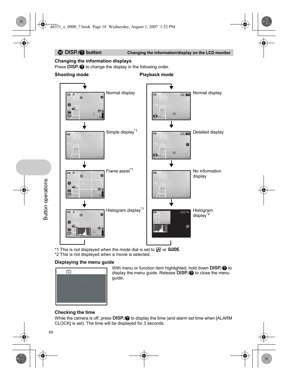 Button operations, G / e button, Changing the information displays | Displaying the menu guide, Checking the time, Shooting mode, Playback mode, Frame assist, Simple display, Normal display | Olympus 1200 User Manual | Page 18 / 84