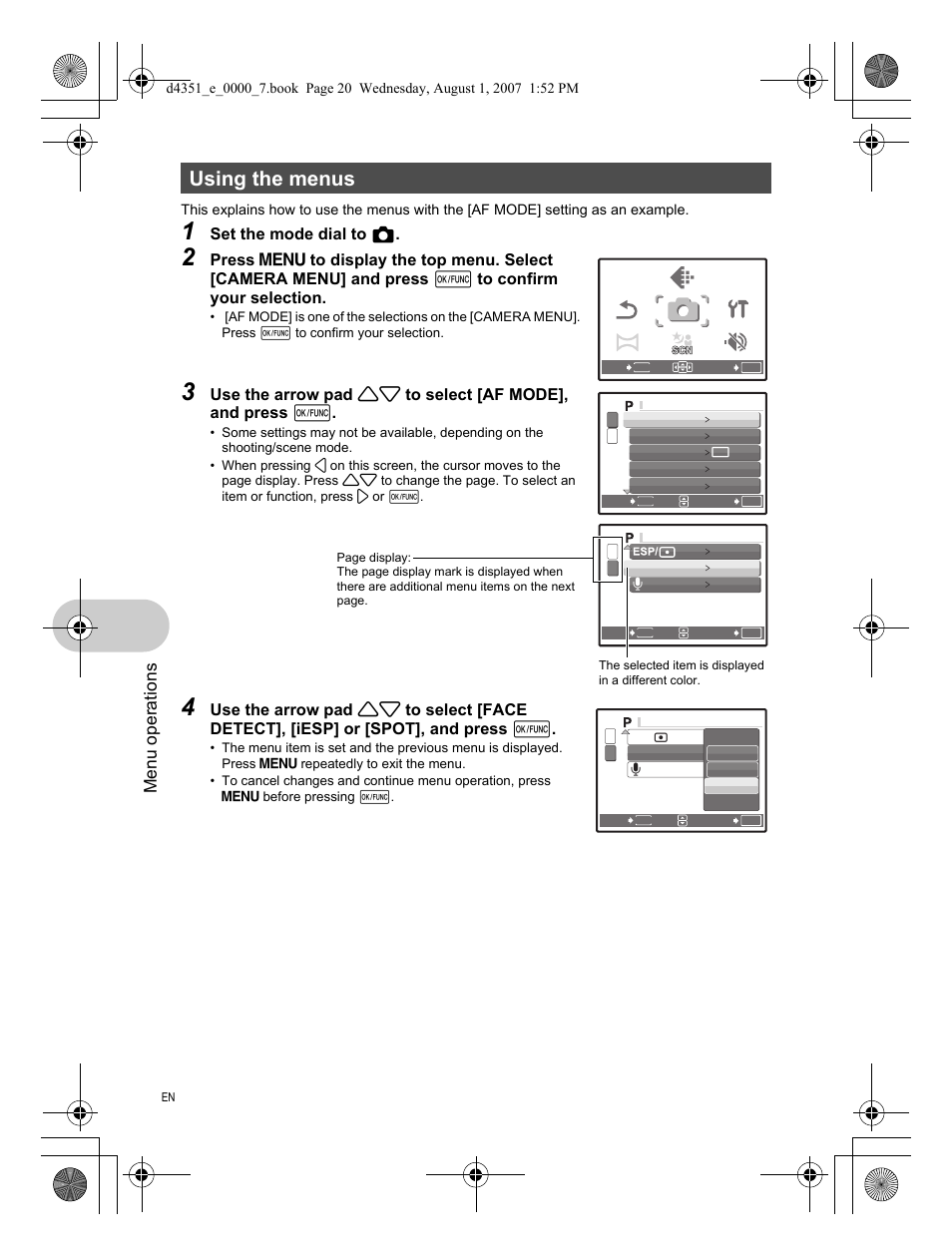 Using the menus, Menu operations, Set the mode dial to k | Olympus 1200 User Manual | Page 20 / 84