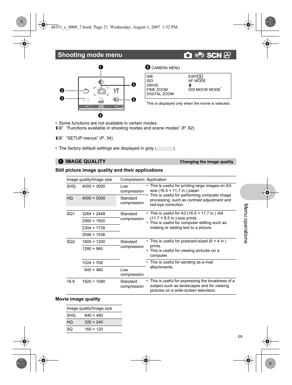 Shooting mode menu, Changing the image quality, Menu operations | Image quality | Olympus 1200 User Manual | Page 21 / 84