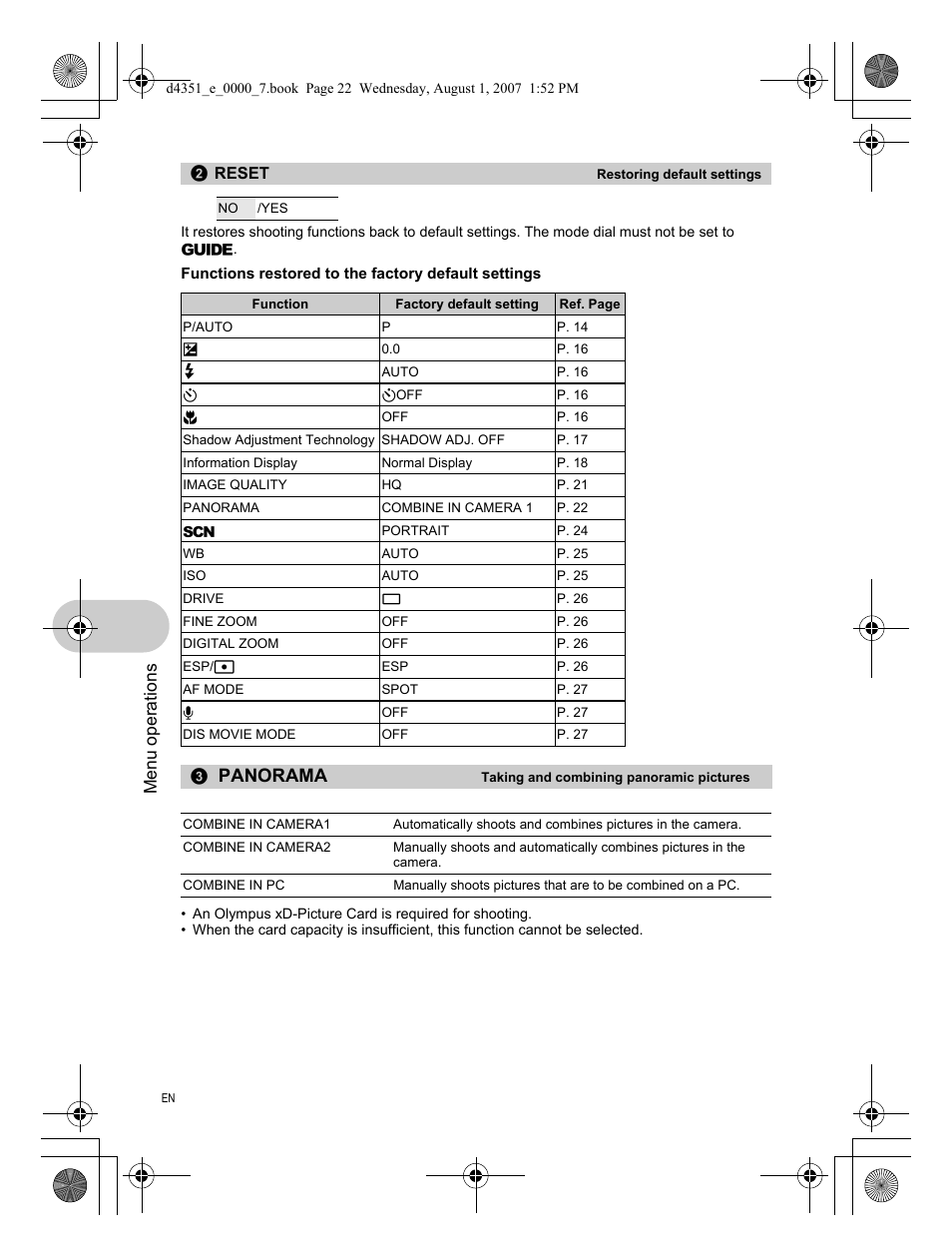 Restoring default settings, Taking and combining panoramic pictures, Panorama | Menu operations | Olympus 1200 User Manual | Page 22 / 84