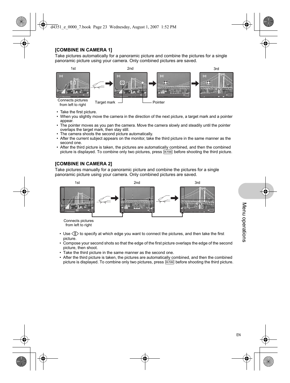 Menu operations, Combine in camera 1, Combine in camera 2 | Olympus 1200 User Manual | Page 23 / 84