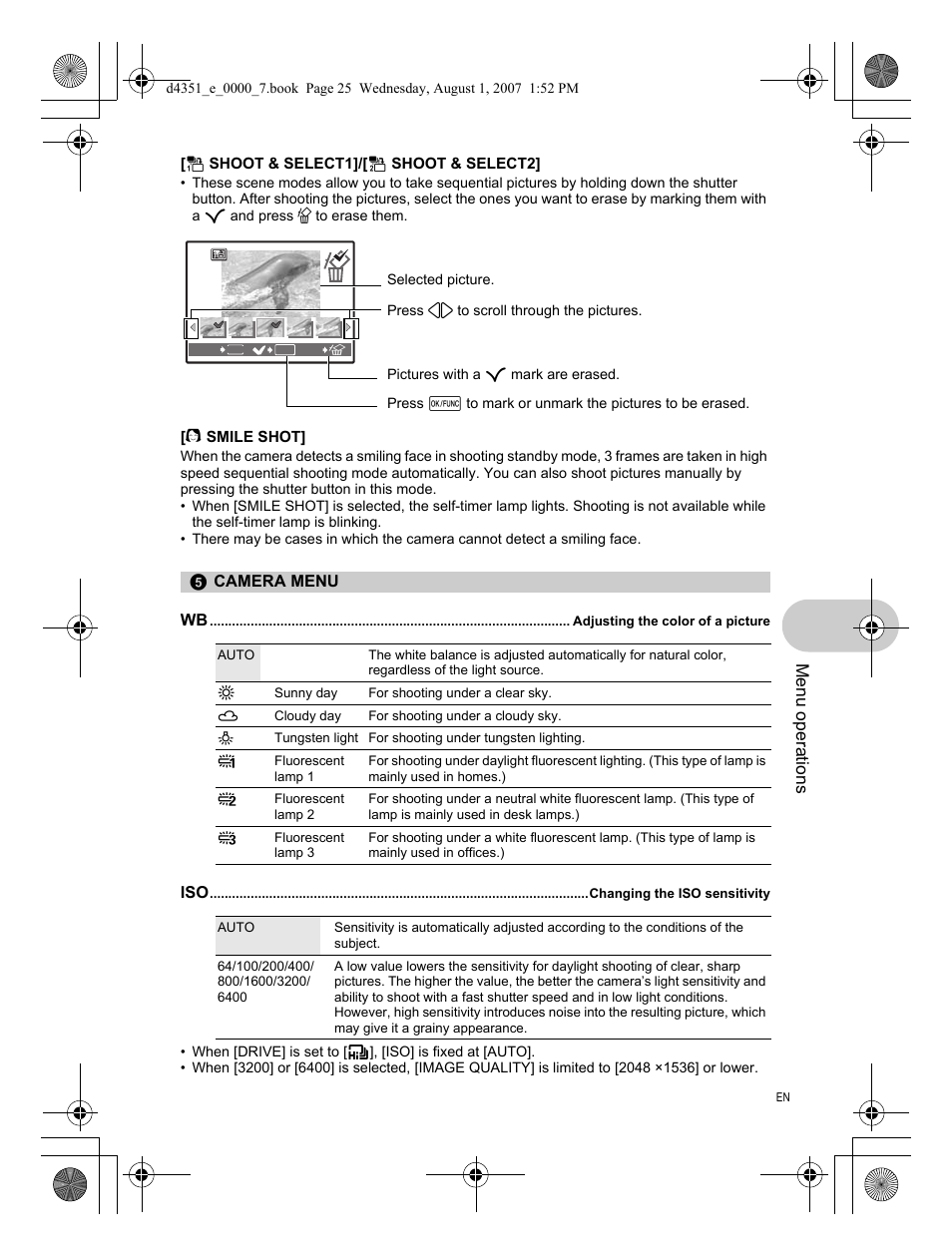 Camera menu, Adjusting the color of a picture, Changing the iso sensitivity | Menu operations | Olympus 1200 User Manual | Page 25 / 84