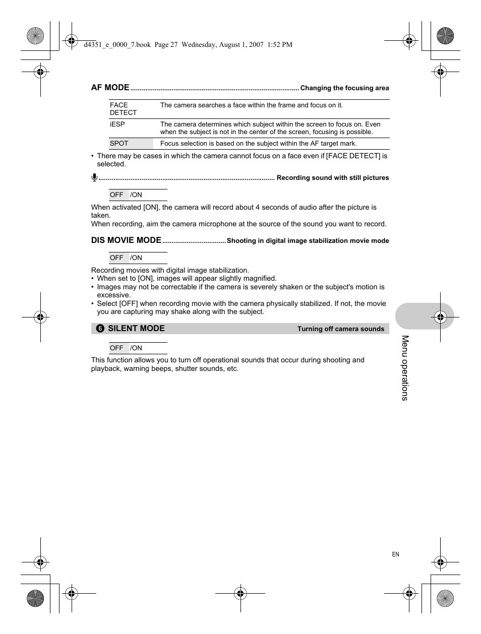 Changing the focusing area, Recording sound with still pictures, Shooting in digital image stabilization movie mode | Turning off camera sounds | Olympus 1200 User Manual | Page 27 / 84