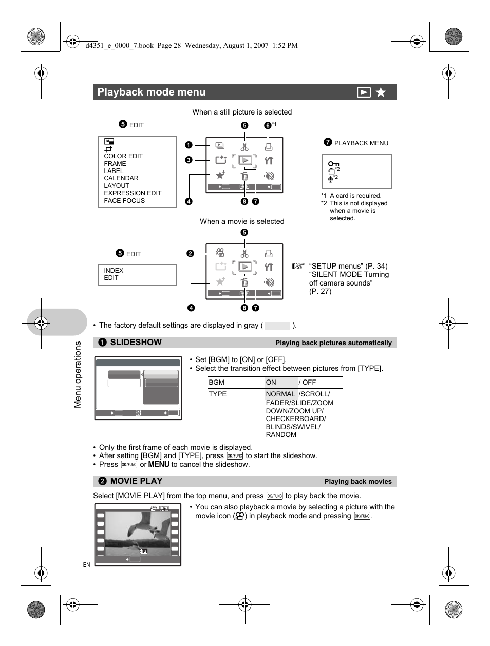 Playback mode menu, Playing back pictures automatically, Playing back movies | Playback mode menu q p, Menu operations, Slideshow, Movie play | Olympus 1200 User Manual | Page 28 / 84