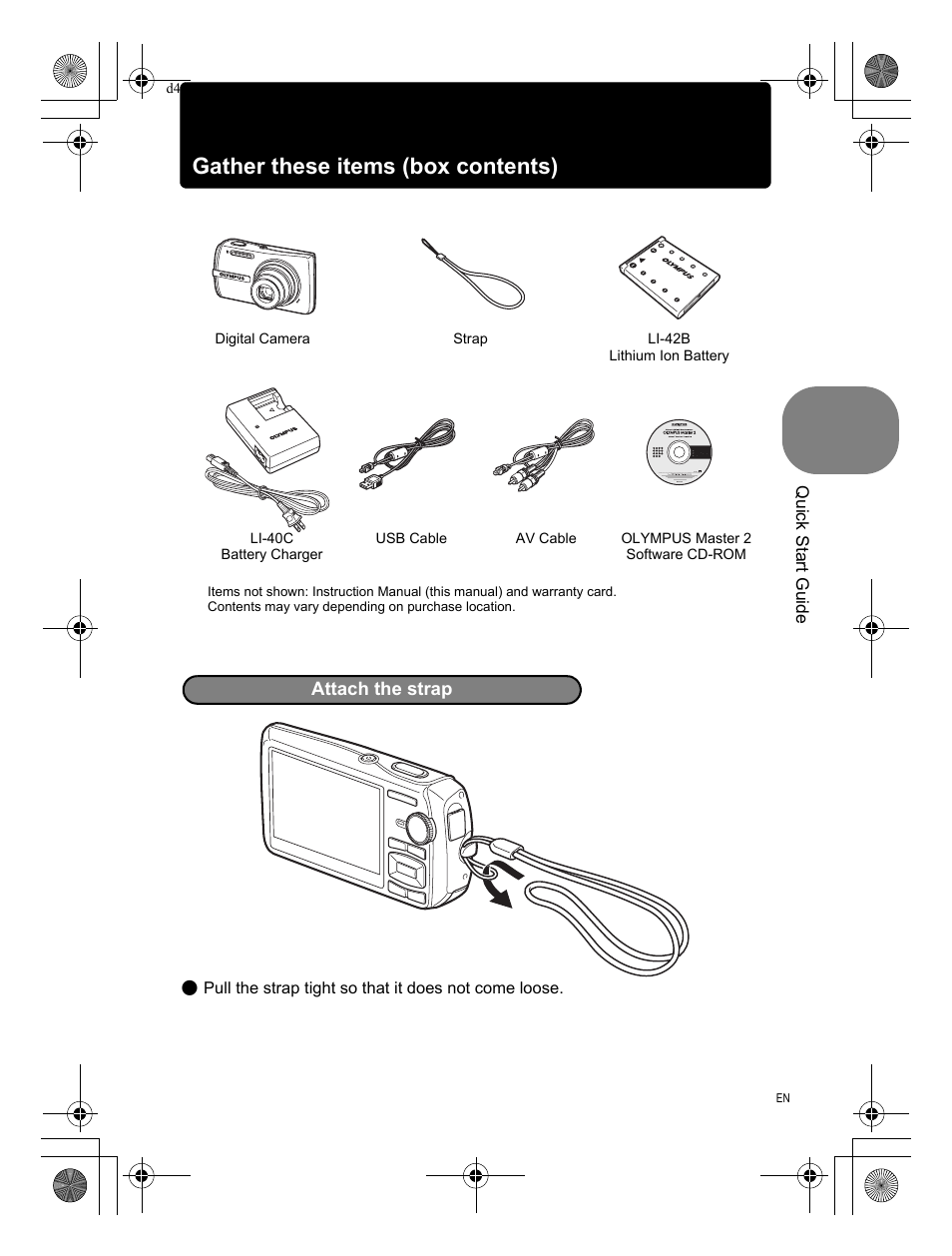 Quick start guide, Gather these items (box contents) | Olympus 1200 User Manual | Page 3 / 84