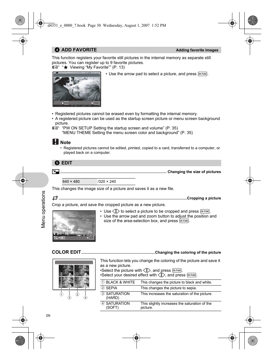 Adding favorite images, Edit, Changing the size of pictures | Cropping a picture, Changing the coloring of the picture, Menu operations | Olympus 1200 User Manual | Page 30 / 84