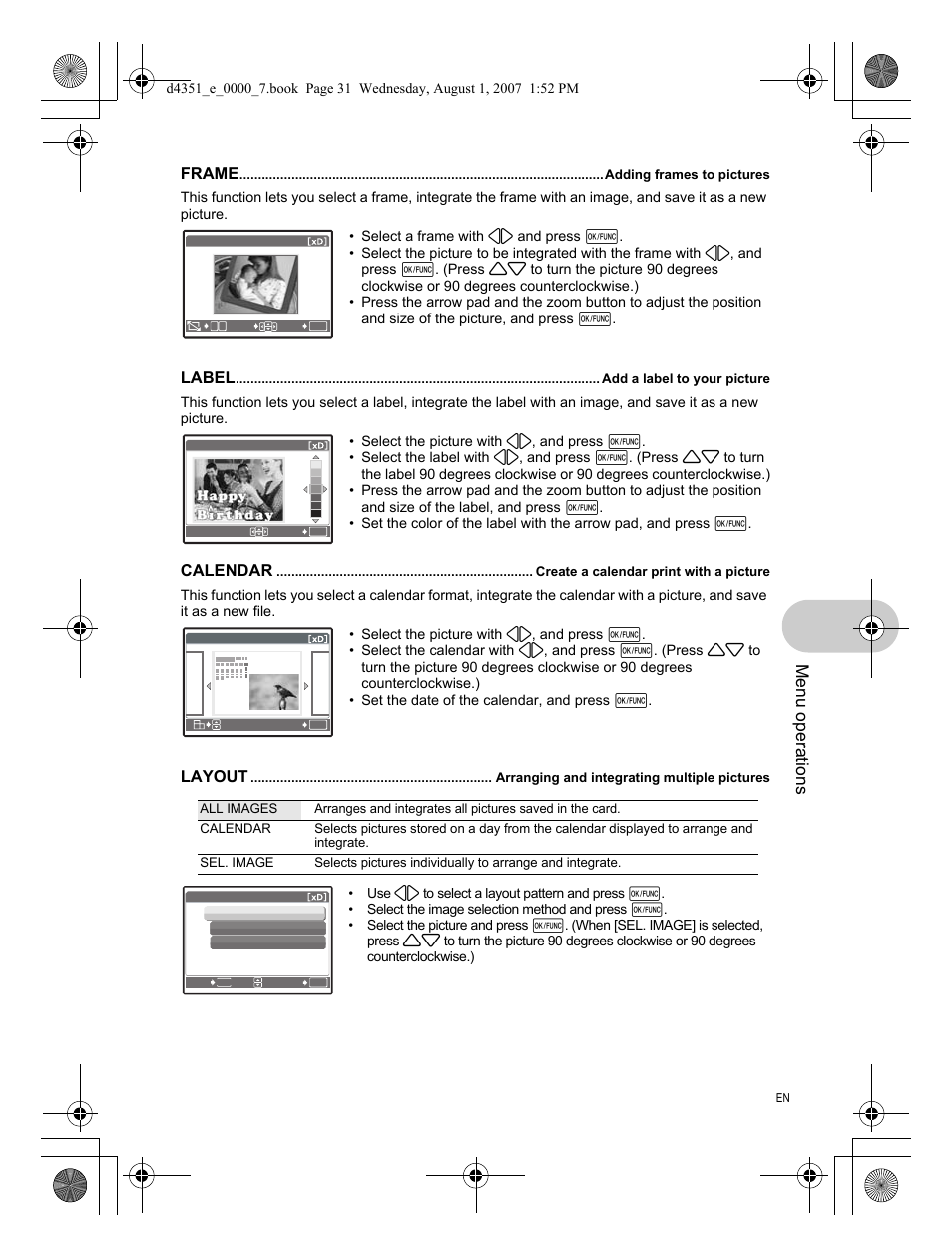 Adding frames to pictures, Add a label to your picture, Create a calendar print with a picture | Arranging and integrating multiple pictures, Menu operations | Olympus 1200 User Manual | Page 31 / 84