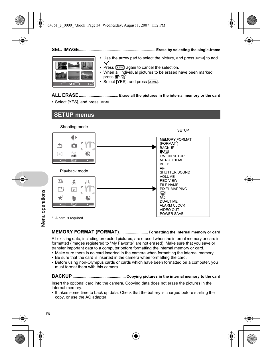 Erase by selecting the single-frame, Setup menus, Formatting the internal memory or card | Menu operations, Sel. image, All erase, Backup | Olympus 1200 User Manual | Page 34 / 84