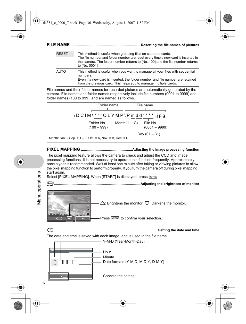 Resetting the file names of pictures, Adjusting the image processing function, Adjusting the brightness of monitor | Setting the date and time, Menu operations | Olympus 1200 User Manual | Page 36 / 84