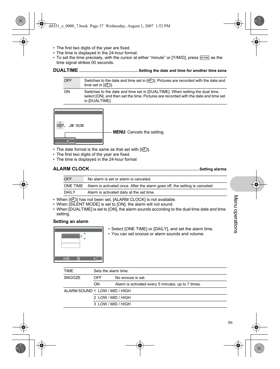Setting the date and time for another time zone, Setting alarms, Menu operations | Olympus 1200 User Manual | Page 37 / 84