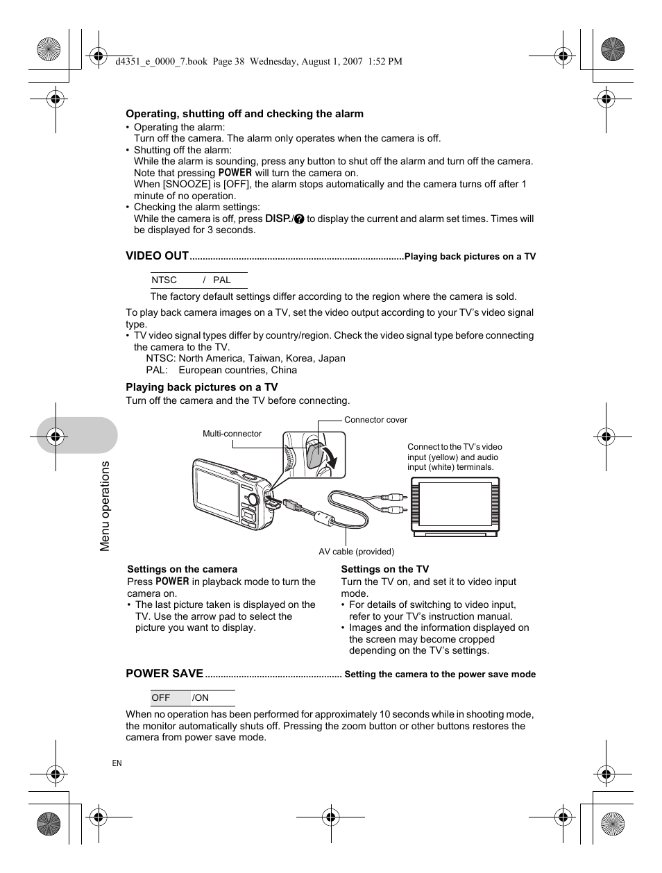 Playing back pictures on a tv, Setting the camera to the power save mode | Olympus 1200 User Manual | Page 38 / 84