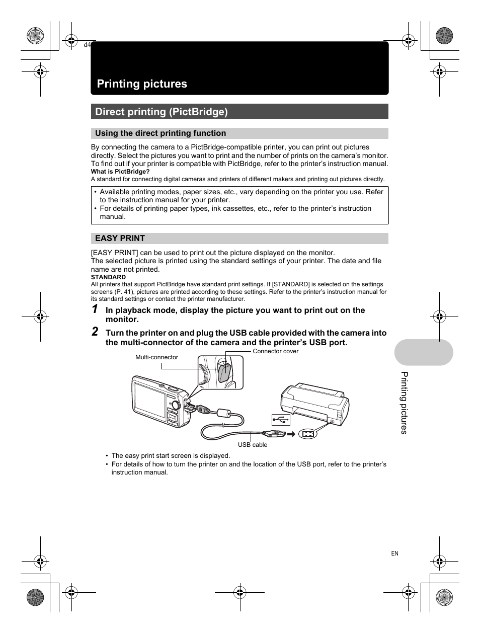 Printing pictures, Direct printing (pictbridge), Using the direct printing function | Easy print | Olympus 1200 User Manual | Page 39 / 84