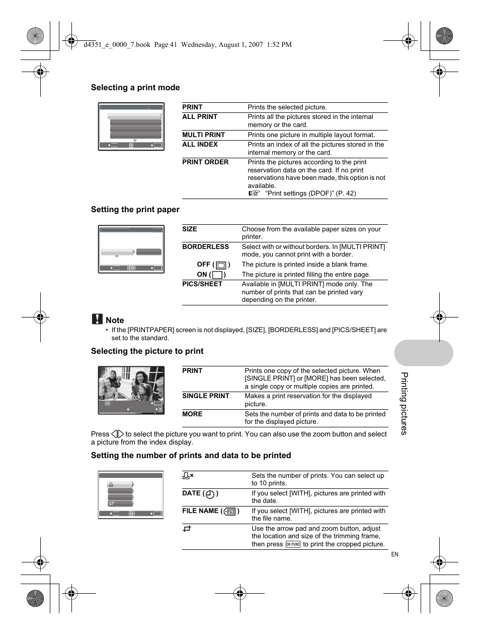 Printing pictures | Olympus 1200 User Manual | Page 41 / 84