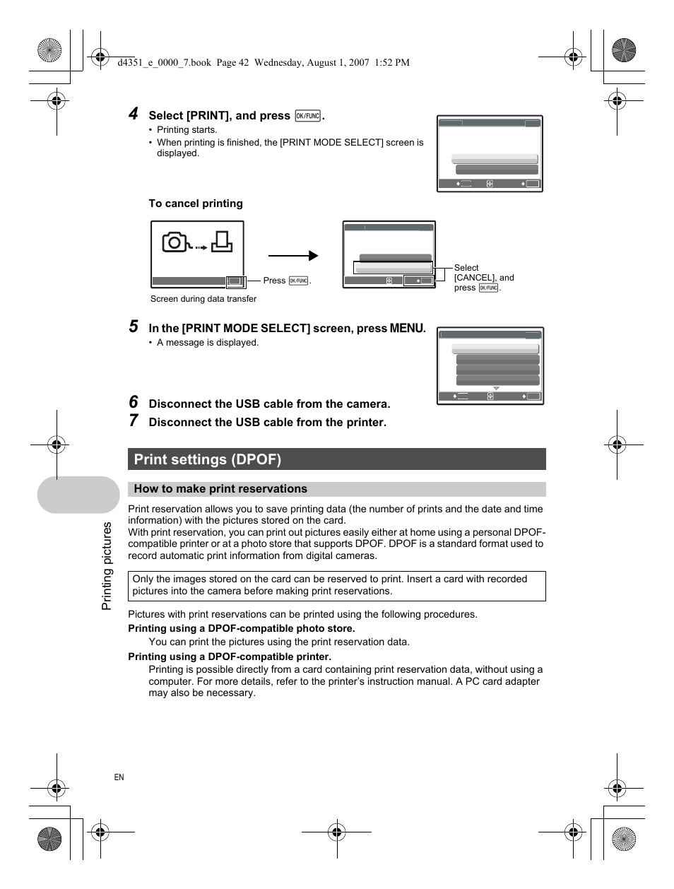 Print settings (dpof), How to make print reservations, Printing pictures | Select [print], and press e, Disconnect the usb cable from the camera, Disconnect the usb cable from the printer | Olympus 1200 User Manual | Page 42 / 84