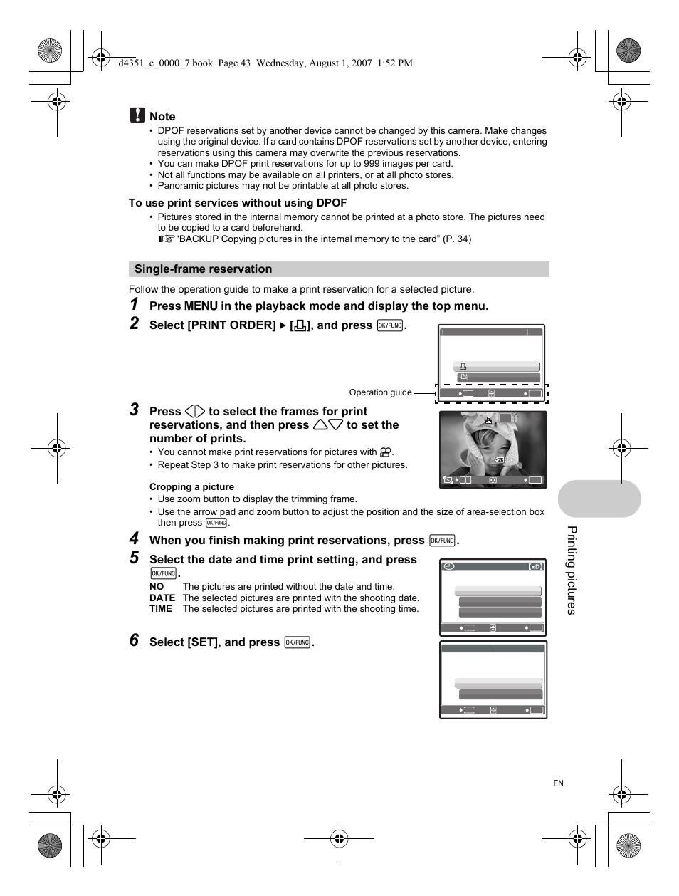 Single-frame reservation, Printing pictures, Select [print order] [ < ], and press e | When you finish making print reservations, press e | Olympus 1200 User Manual | Page 43 / 84