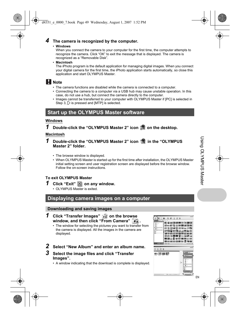 Start up the olympus master software, Displaying camera images on a computer, Downloading and saving images | Olympus 1200 User Manual | Page 49 / 84