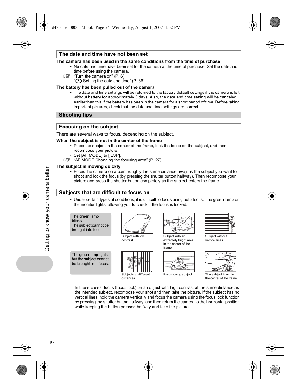 The date and time have not been set, Shooting tips, Focusing on the subject | Subjects that are difficult to focus on, Getting to know your camera better | Olympus 1200 User Manual | Page 54 / 84