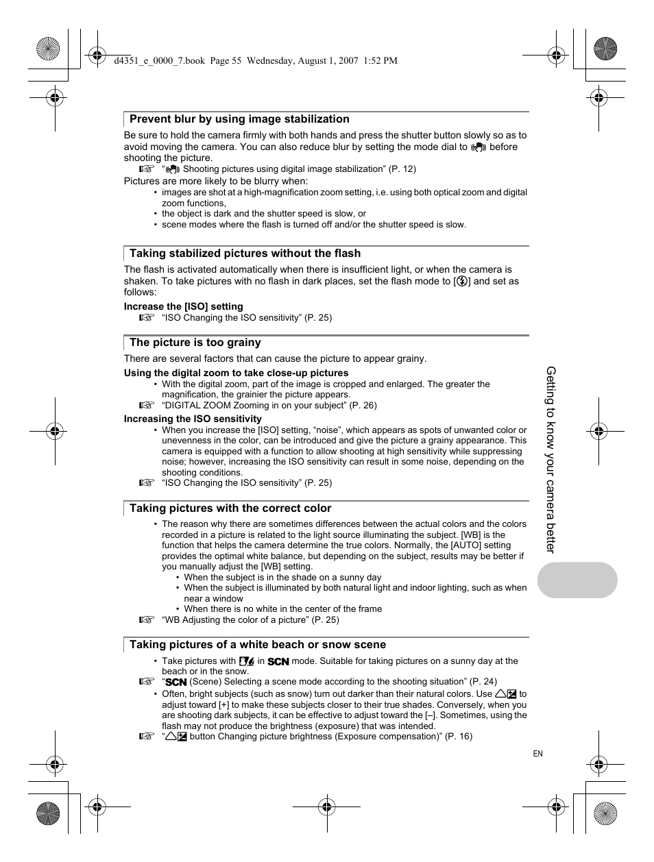 Prevent blur by using image stabilization, Taking stabilized pictures without the flash, The picture is too grainy | Taking pictures with the correct color, Taking pictures of a white beach or snow scene | Olympus 1200 User Manual | Page 55 / 84
