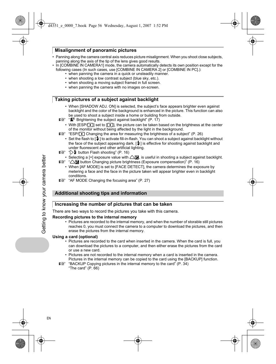 Misalignment of panoramic pictures, Taking pictures of a subject against backlight, Additional shooting tips and information | Olympus 1200 User Manual | Page 56 / 84