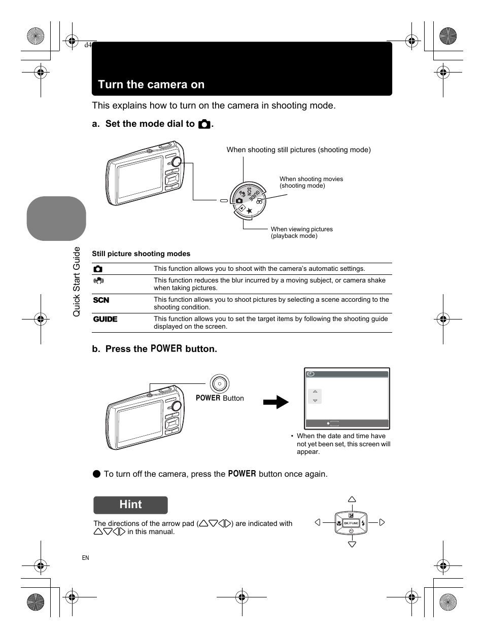 Turn the camera on, Hint, B. press the o button | Quick start guide | Olympus 1200 User Manual | Page 6 / 84