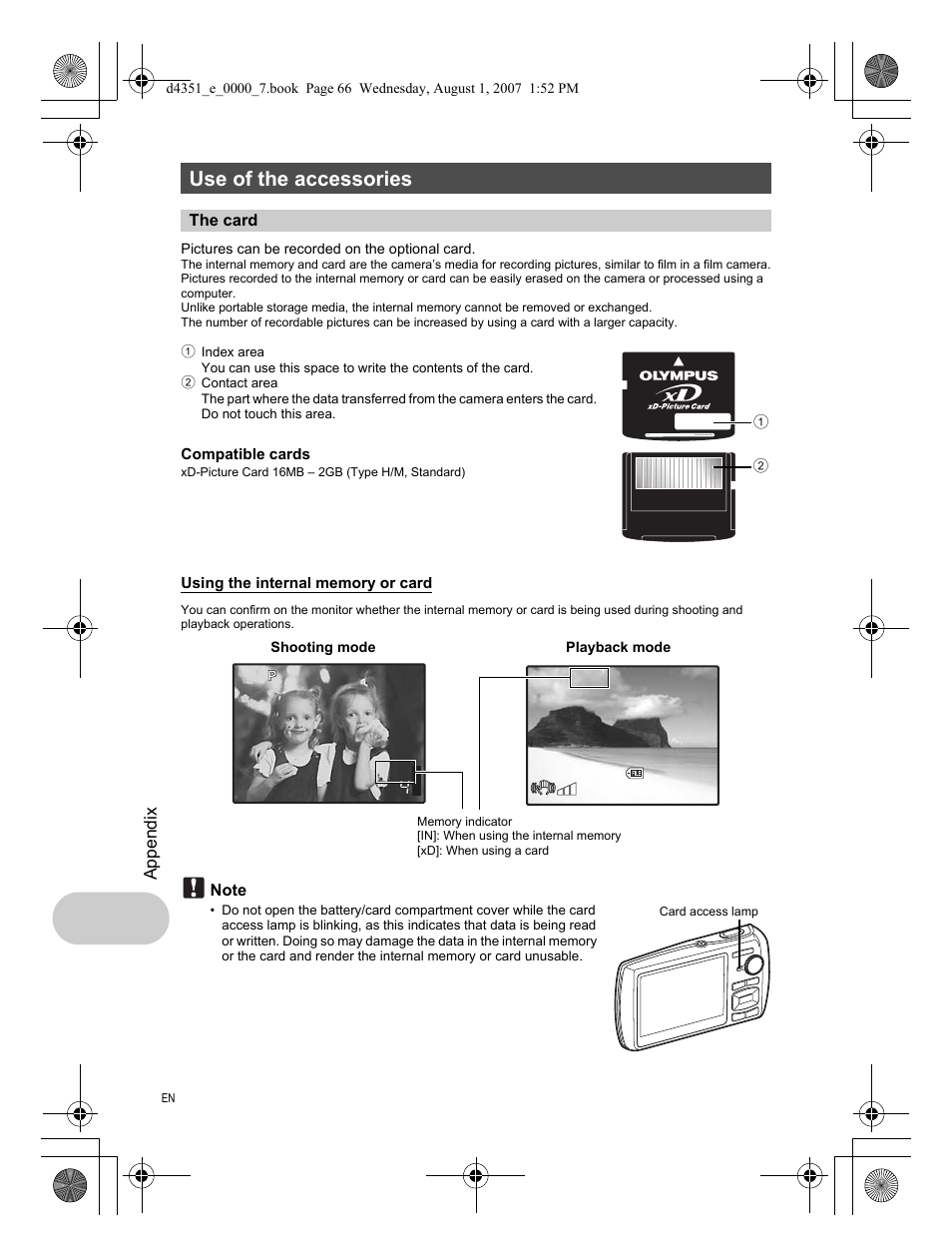 Use of the accessories, The card | Olympus 1200 User Manual | Page 66 / 84