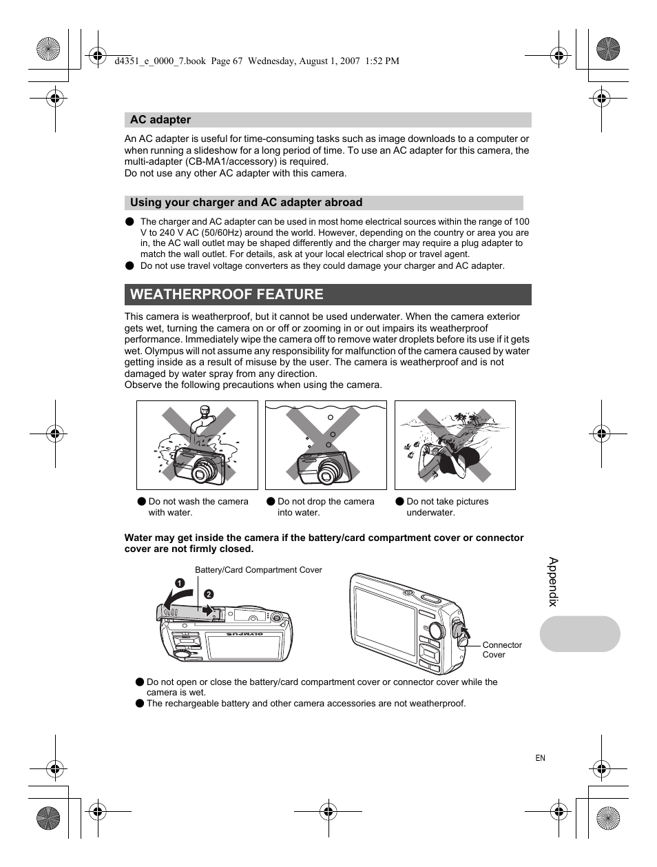 Ac adapter, Using your charger and ac adapter abroad, Weatherproof feature | Olympus 1200 User Manual | Page 67 / 84