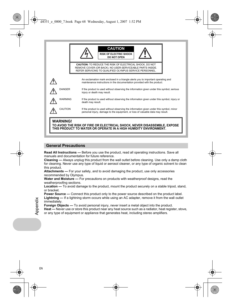 General precautions, Appendix | Olympus 1200 User Manual | Page 68 / 84