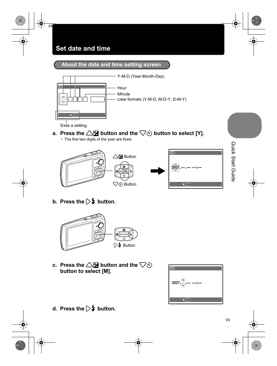 Set date and time, Quick start guide | Olympus 1200 User Manual | Page 7 / 84